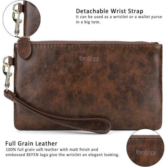 Genuine Leather Wristlet Clutch Wallet Purse Crazy Horse Leather Brown - Picture 3 of 5